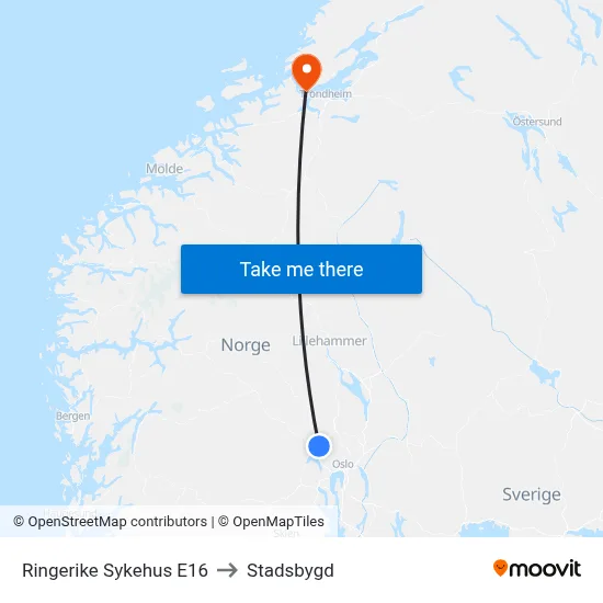 Ringerike Sykehus E16 to Stadsbygd map