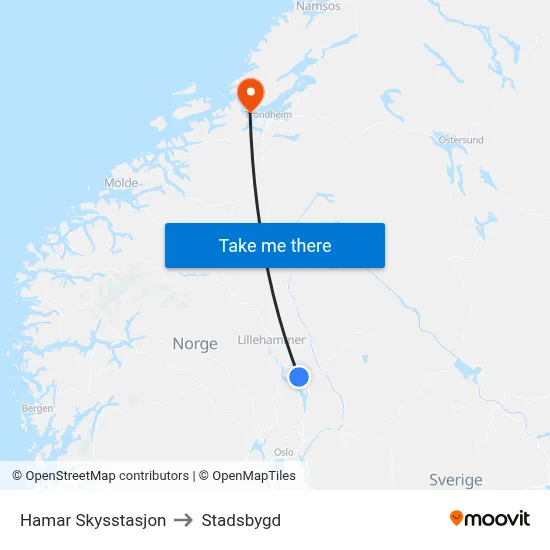 Hamar Skysstasjon to Stadsbygd map
