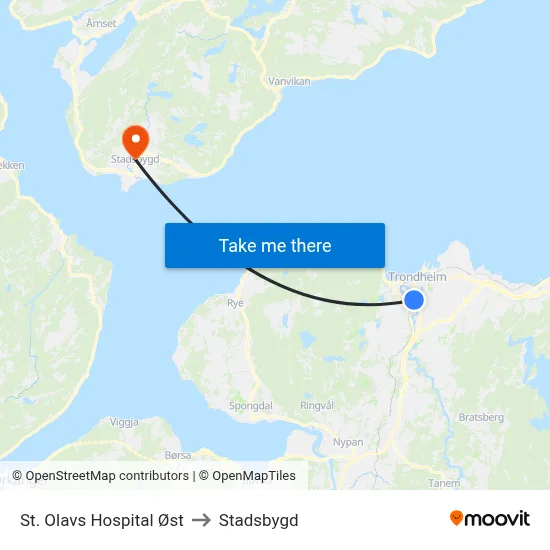 St. Olavs Hospital Øst to Stadsbygd map