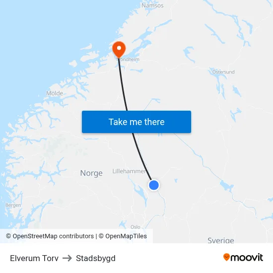 Elverum Torv to Stadsbygd map