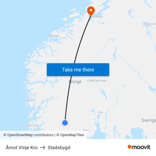 Åmot Vinje Kro to Stadsbygd map