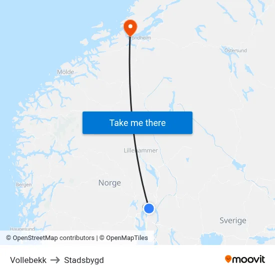 Vollebekk to Stadsbygd map