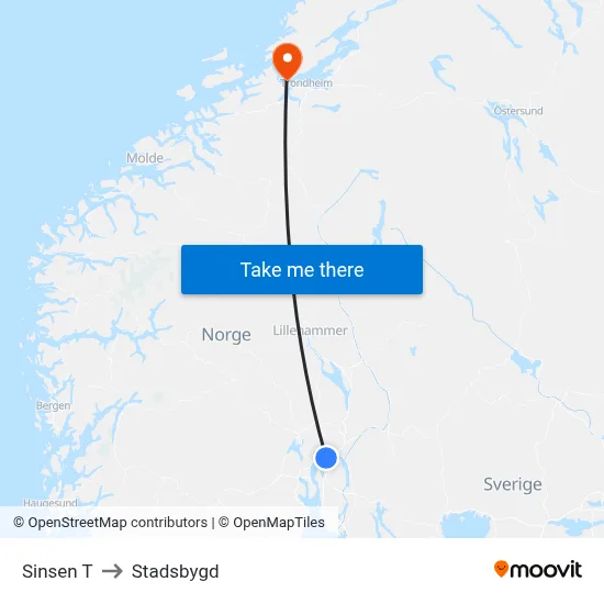 Sinsen T to Stadsbygd map