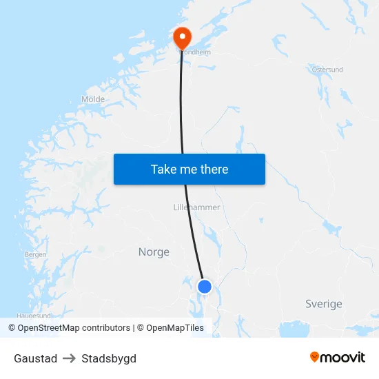 Gaustad to Stadsbygd map