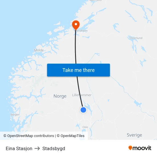 Eina Stasjon to Stadsbygd map