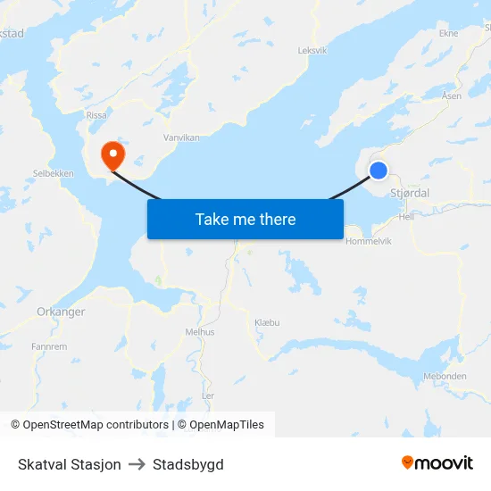 Skatval Stasjon to Stadsbygd map