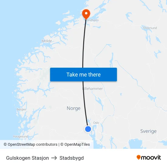 Gulskogen Stasjon to Stadsbygd map