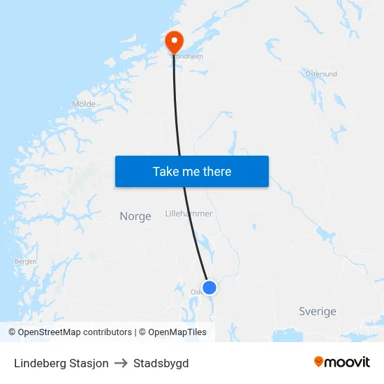 Lindeberg Stasjon to Stadsbygd map