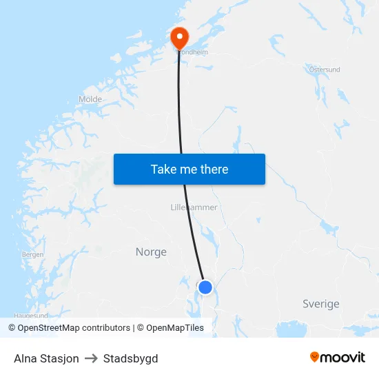 Alna Stasjon to Stadsbygd map