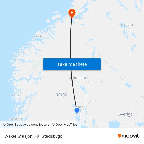 Asker Stasjon to Stadsbygd map