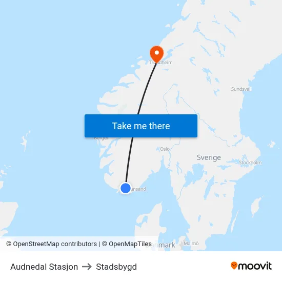Audnedal Stasjon to Stadsbygd map