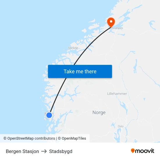 Bergen Stasjon to Stadsbygd map