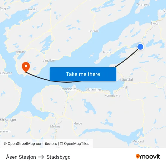 Åsen Stasjon to Stadsbygd map