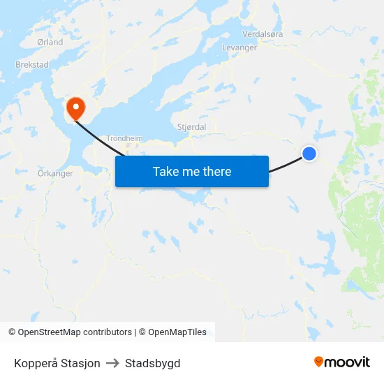 Kopperå Stasjon to Stadsbygd map