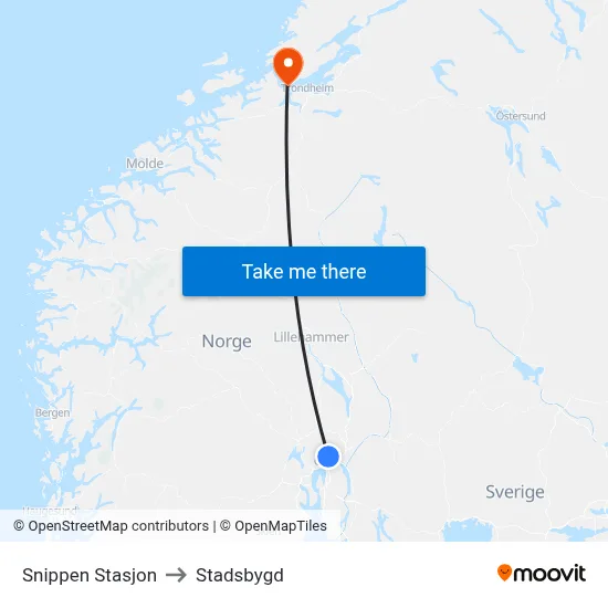 Snippen Stasjon to Stadsbygd map