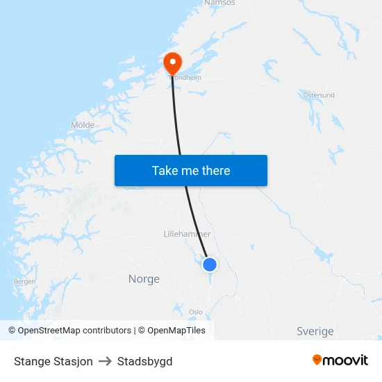 Stange Stasjon to Stadsbygd map