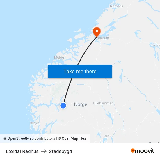 Lærdal Rådhus to Stadsbygd map