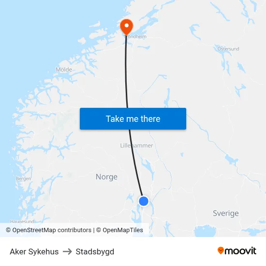 Aker Sykehus to Stadsbygd map