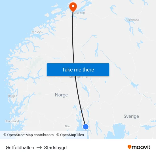 Østfoldhallen to Stadsbygd map
