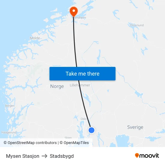 Mysen Stasjon to Stadsbygd map