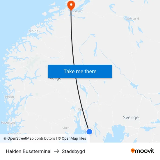 Halden Bussterminal to Stadsbygd map