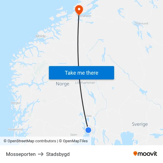 Mosseporten to Stadsbygd map