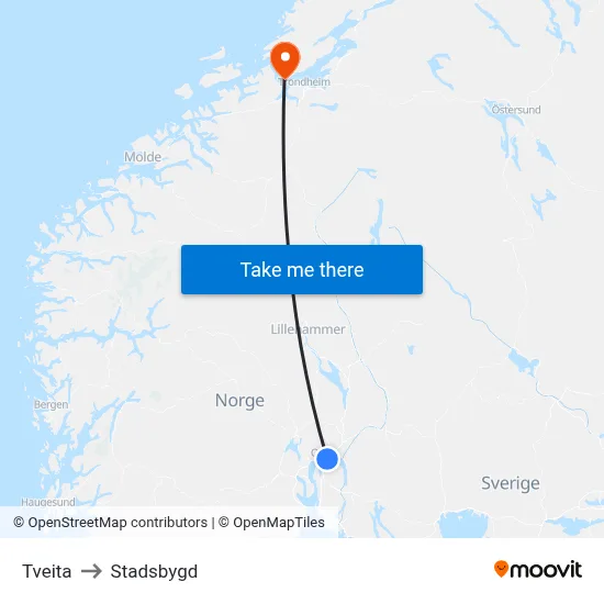 Tveita to Stadsbygd map