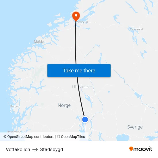 Vettakollen to Stadsbygd map