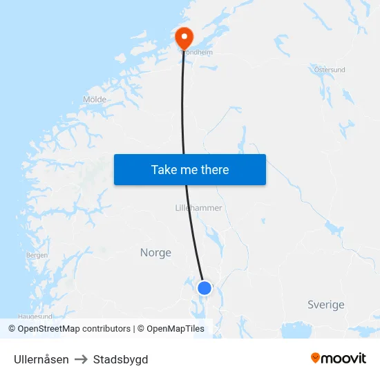 Ullernåsen to Stadsbygd map