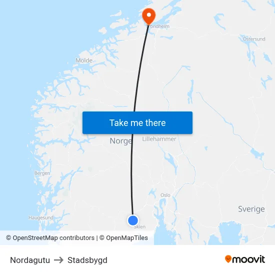 Nordagutu to Stadsbygd map