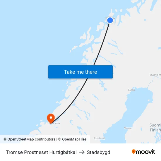Tromsø Prostneset Hurtigbåtkai to Stadsbygd map