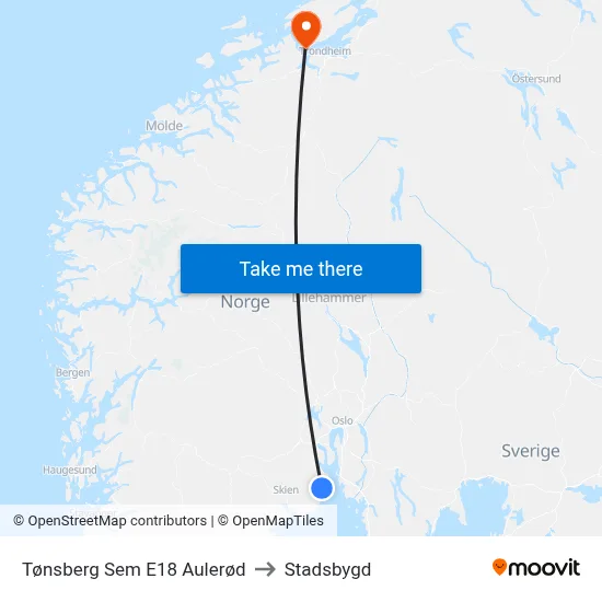 Tønsberg Sem E18 Aulerød to Stadsbygd map