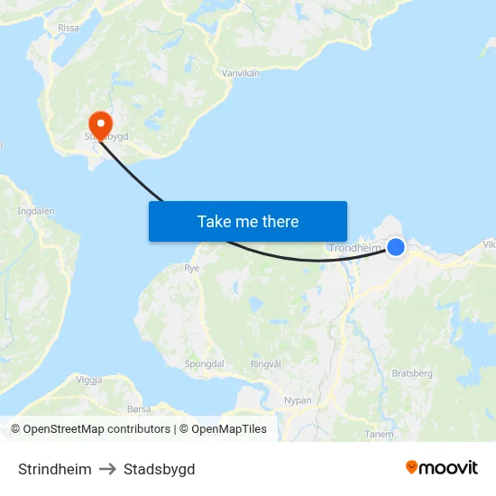 Strindheim to Stadsbygd map