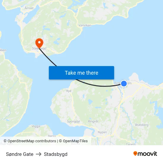 Søndre Gate to Stadsbygd map