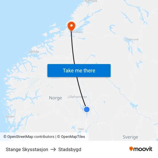 Stange Skysstasjon to Stadsbygd map