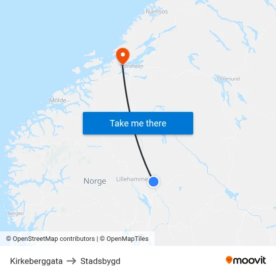 Kirkeberggata to Stadsbygd map