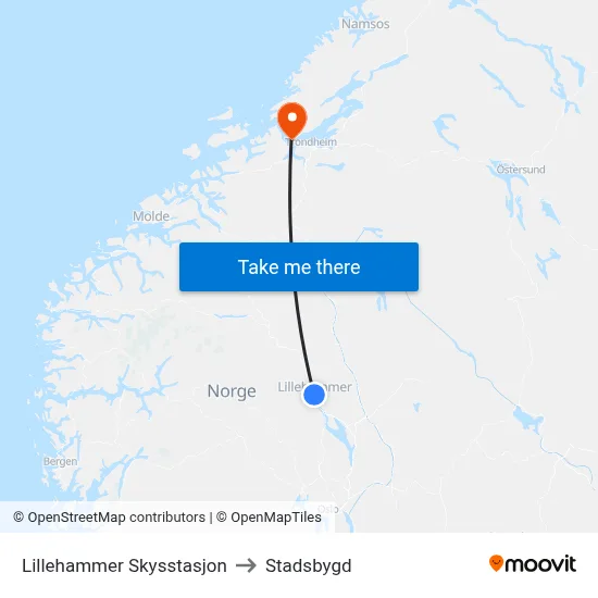 Lillehammer Skysstasjon to Stadsbygd map