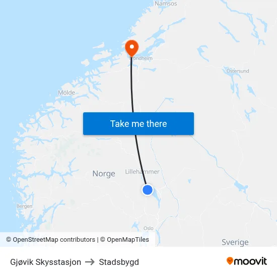 Gjøvik Skysstasjon to Stadsbygd map