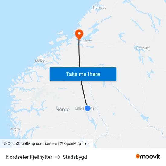 Nordseter Fjellhytter to Stadsbygd map