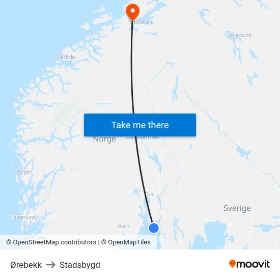 Ørebekk to Stadsbygd map