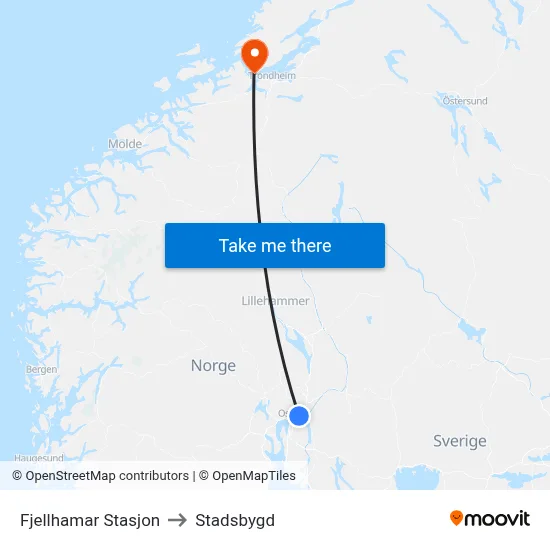 Fjellhamar Stasjon to Stadsbygd map