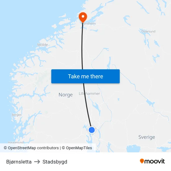 Bjørnsletta to Stadsbygd map