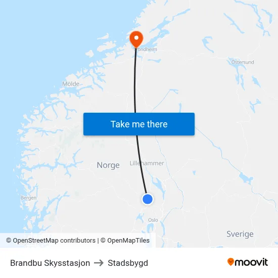 Brandbu Skysstasjon to Stadsbygd map