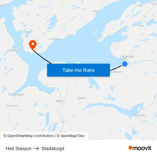 Hell Stasjon to Stadsbygd map