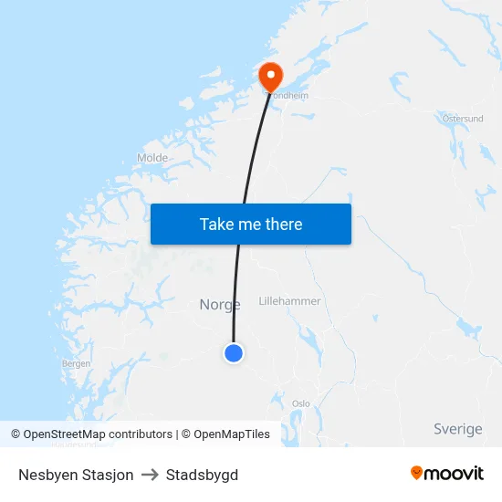 Nesbyen Stasjon to Stadsbygd map