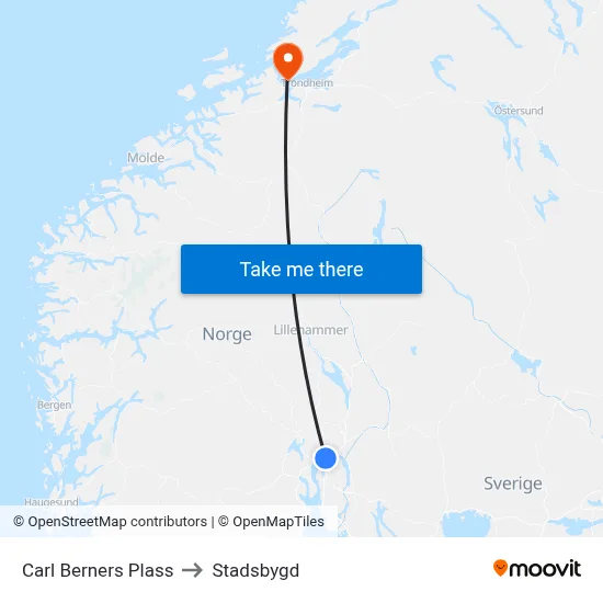 Carl Berners Plass to Stadsbygd map