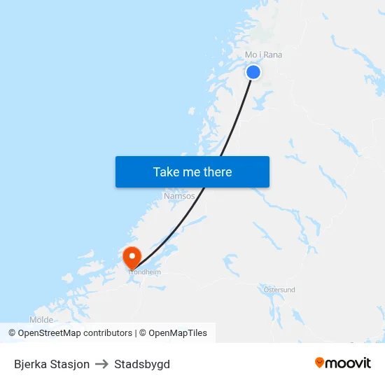 Bjerka Stasjon to Stadsbygd map