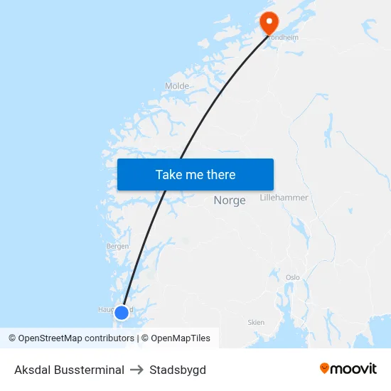 Aksdal Bussterminal to Stadsbygd map