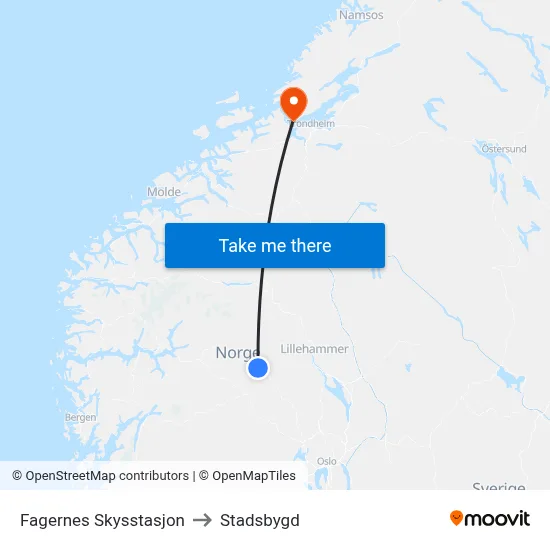 Fagernes Skysstasjon to Stadsbygd map