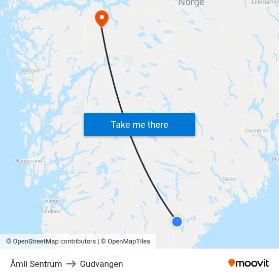 Åmli Sentrum to Gudvangen map